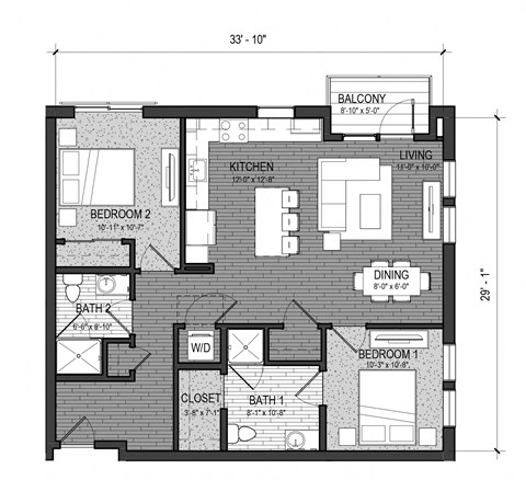 Floor plan for 2 beds, 2 baths, 1003 sqft